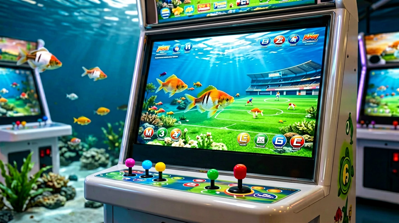 ရေအောက်မြင်ကွင်းရှိ ငါးပစ် arcade စက်၏ ဖန်သားပြင်ပေါ်တွင် ရောင်စုံပစ်မှတ်များနှင့် ခလုတ်အိုင်ကွန်များကို ပြသနေသော မျက်နှာပြင်