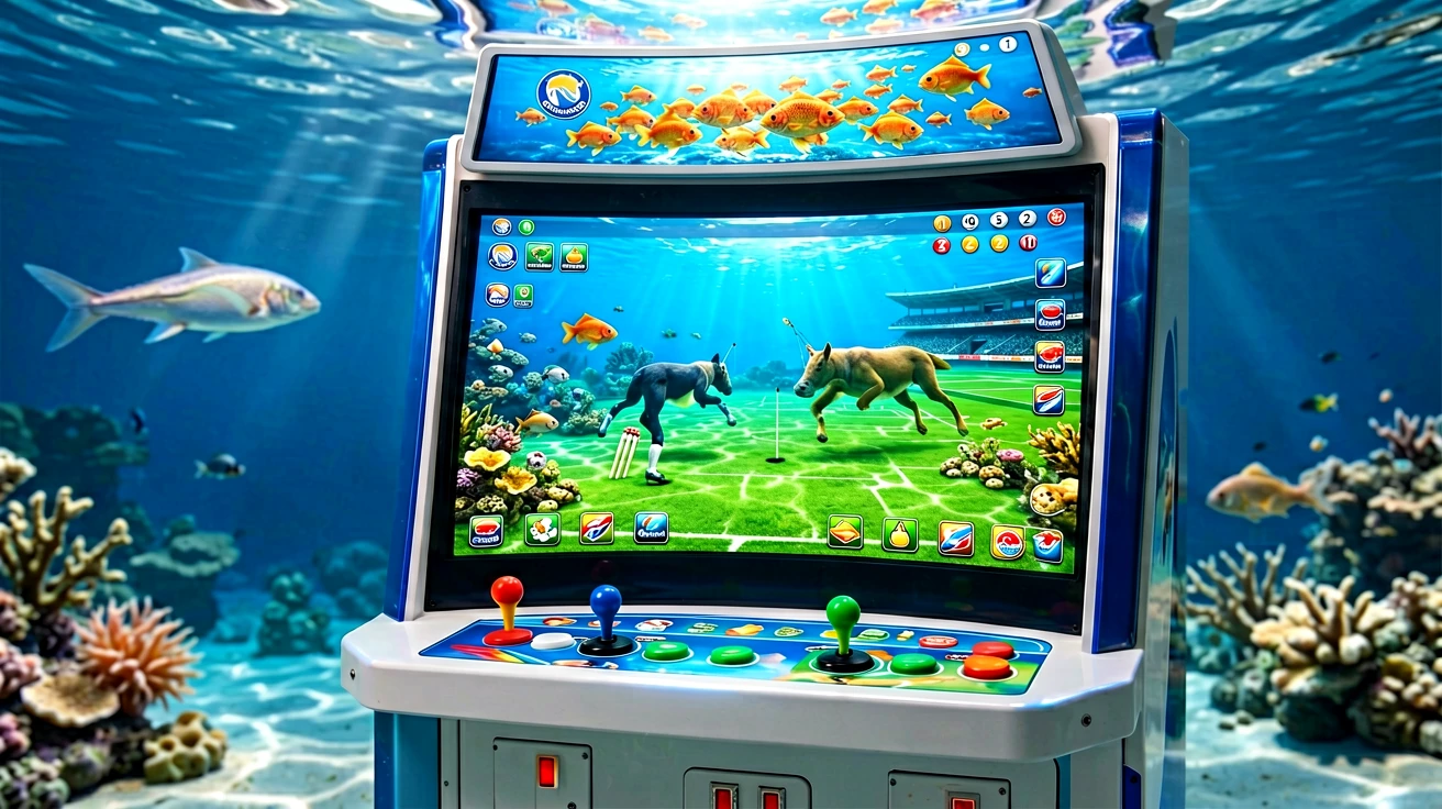 ရေအောက်မြင်ကွင်းရှိ ငါးပစ် arcade စက်၏ ဖန်သားပြင်တွင် ပစ်မှတ်အများအပြားနှင့် ဘေးဘက်ရှိ လက်နက်ရွေးချယ်မှု အိုင်ကွန်များကို ပြသနေသော မျက်နှာပြင်