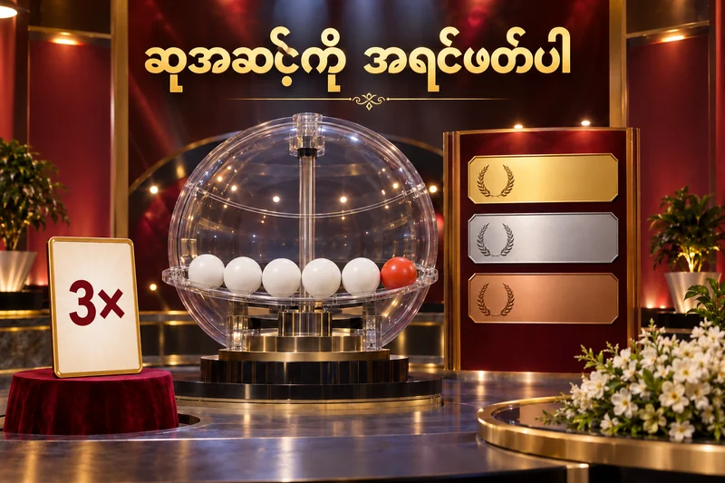 ထီဘောလုံးနှင့် ဆုအဆင့်သုံးမျိုးကို သီးခြားပြထားသည့် သရုပ်ဖော်ပုံ