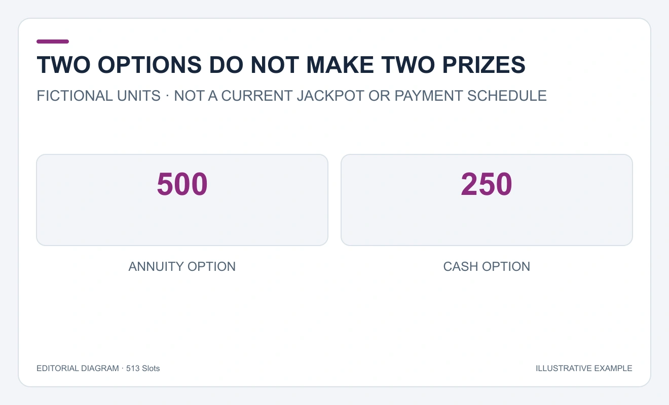 Two separate example options show annuity500 and cash250; they are alternatives, not additive prizes.