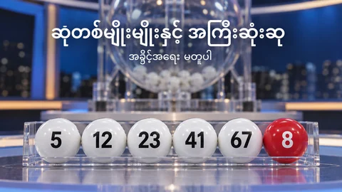 အဖြူဘောလုံးငါးလုံးနှင့် အနီဘောလုံးတစ်လုံး သီးခြားရှိသော ထီသရုပ်ဖော်ပုံ